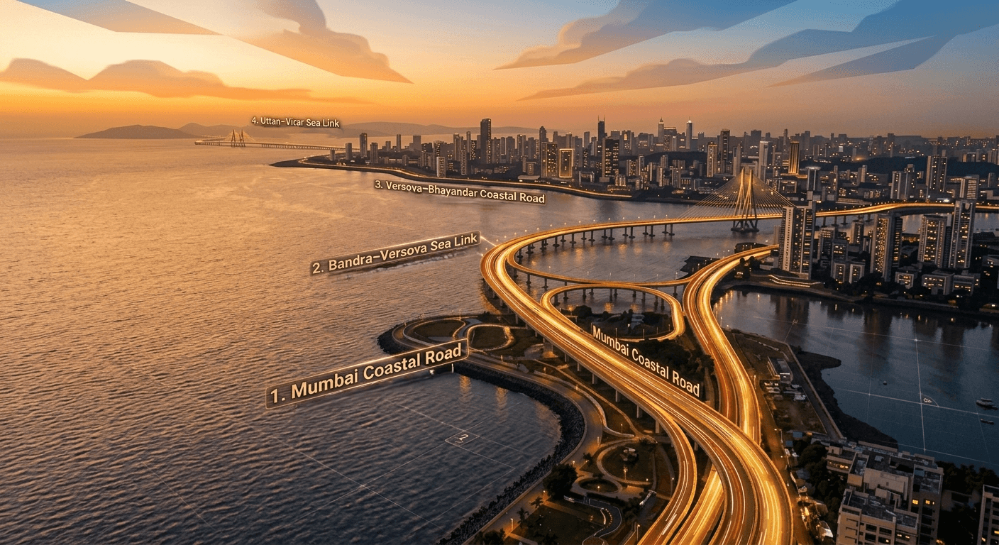 Mumbai Coastal Road Network corridor map — Nariman Point to Virar, all four segments