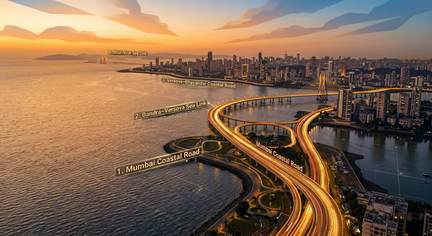 Mumbai Coastal Road Network corridor map — Nariman Point to Virar, all four segments